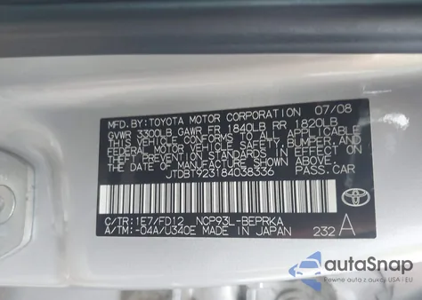 2008 Toyota Yaris из США, поврежденный, VIN JTDBT923184038336